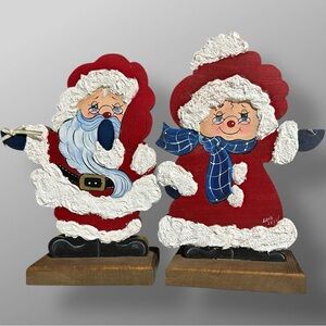 Handcrafted Wooden Santa & Mrs Claus Candle Holders by Lois Leen Folk Art